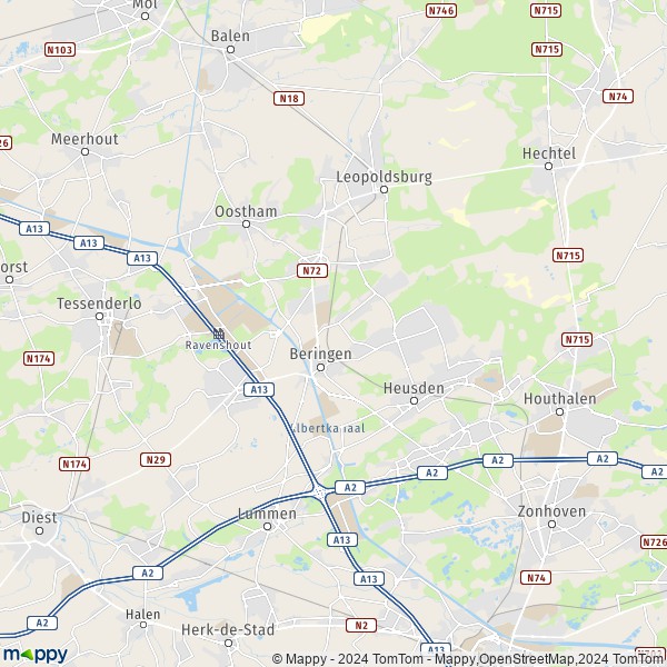 De kaart voor de stad 3580-3583 Beringen