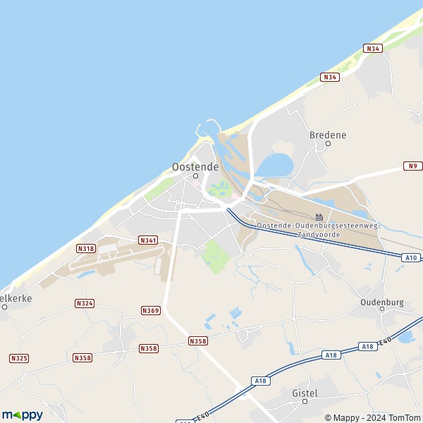 De kaart voor de stad 8400-8450 Oostende