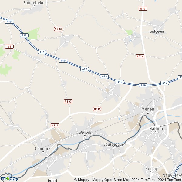 De kaart voor de stad 8940 Wervik
